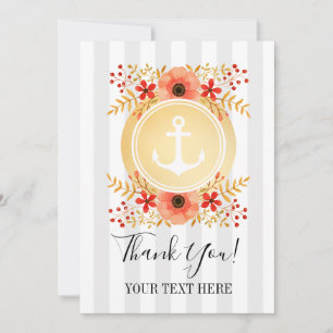 Gold Anker im maritimen Stil mit Aquarell-Blumen D Dankeskarte