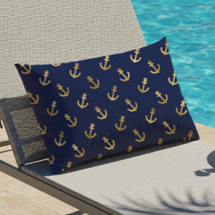 Gold Anker Muster Navy Blau Nautisch Outdoor Kissen Für Draußen
