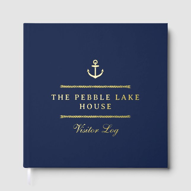 Gold Anker & Seile Navy Blue Nautical Visitenlog Gästebuch (Vorderseite)
