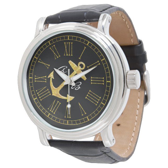 Gold Ankerinitials personalisieren Armbanduhr (Schrägansicht)