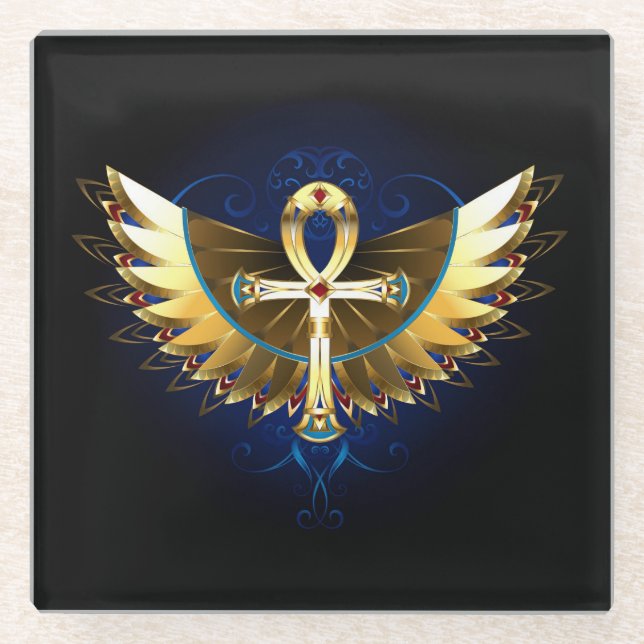 Gold Ankh mit Wings Glasuntersetzer (Vorderseite)
