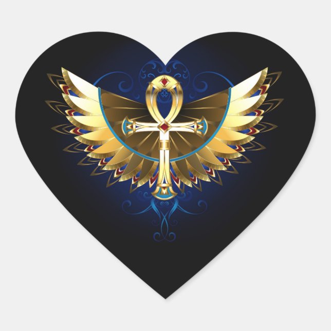 Gold Ankh mit Wings Herz-Aufkleber (Vorderseite)