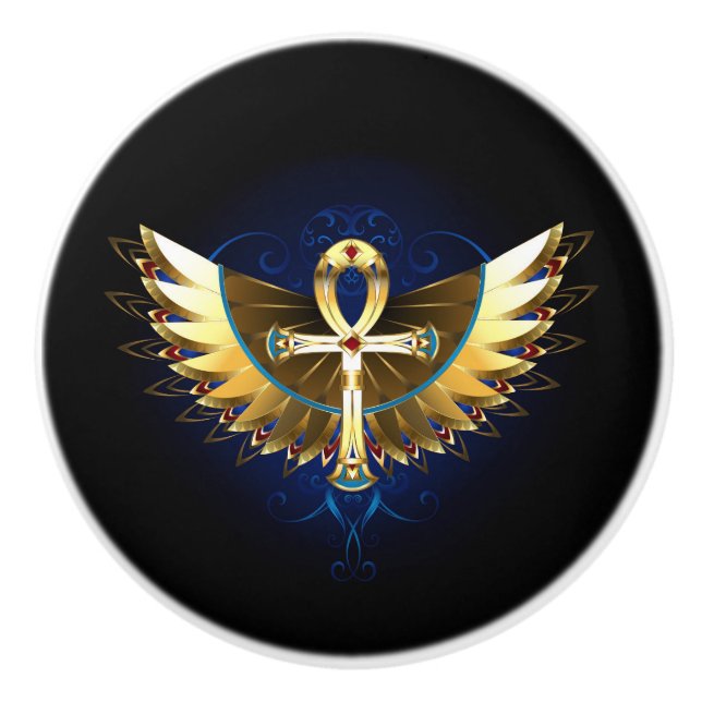 Gold Ankh mit Wings Keramikknauf (Vorderseite)