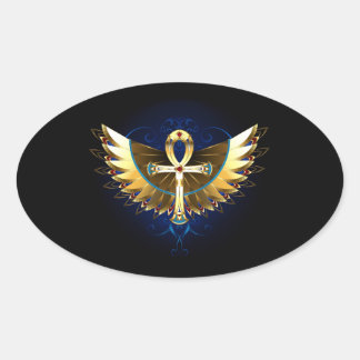 Gold Ankh mit Wings Ovaler Aufkleber
