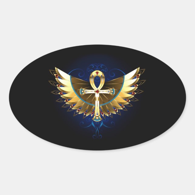 Gold Ankh mit Wings Ovaler Aufkleber (Vorderseite)