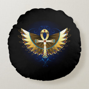 Gold Ankh mit Wings Rundes Kissen