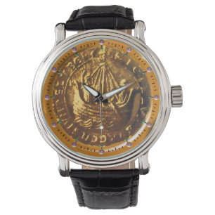 GOLD ANTIQUE SCHIFF,GALLEON-MÜNZENWachs-Siegel Armbanduhr