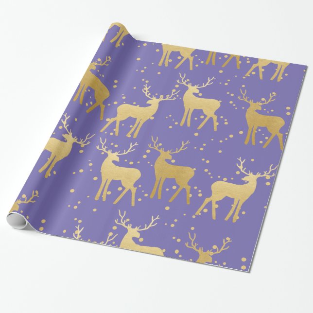 Gold Antler Rentier Elegant Periwinkle Polka Dots Geschenkpapier (Ungerollt)
