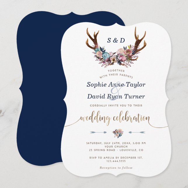 Gold Antlers Dusty Blue Floral Wedding Einladung (Vorne/Hinten)