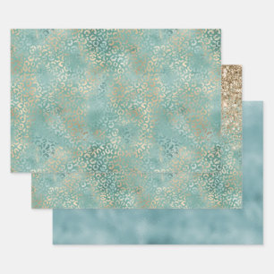 Gold Aqua Aquamarin Türkis Glam Leopard Print Geschenkpapier Set
