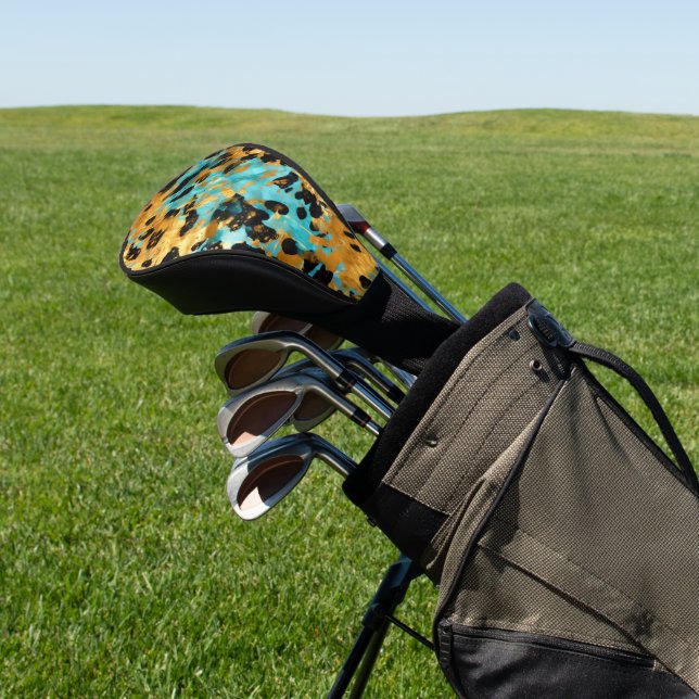 Gold Aqua Black Leopard Golf Headcover (In SItu)