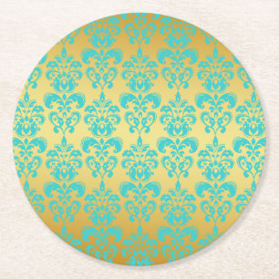 Gold, Aqua-blaues Damast-Muster 2 Runder Pappuntersetzer