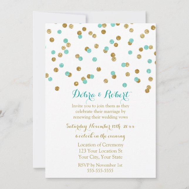 Gold Aqua Blue Confetti Vow Renewal Invitation (Dos)
