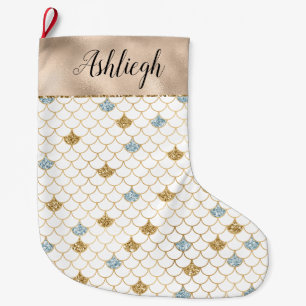 Gold Aqua Blue Glitzer Mermaid Großer Weihnachtsstrumpf