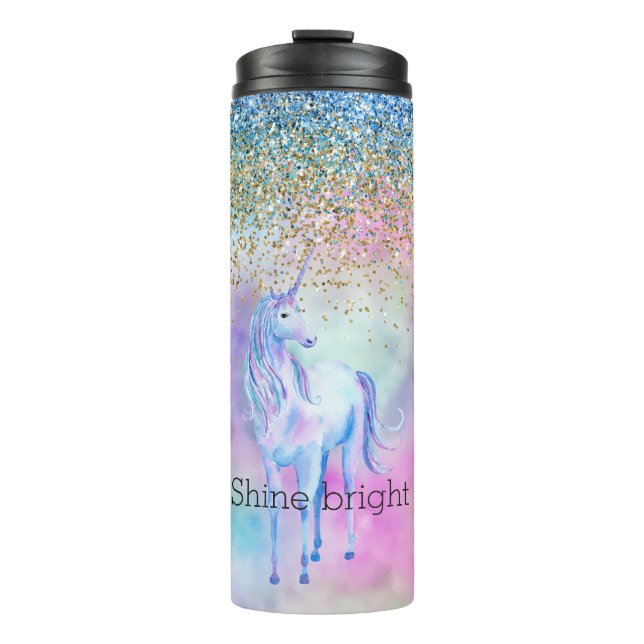 Gold Aqua Glitzer Lila Unicorle Sparkle Thermosbecher (Vorderseite)