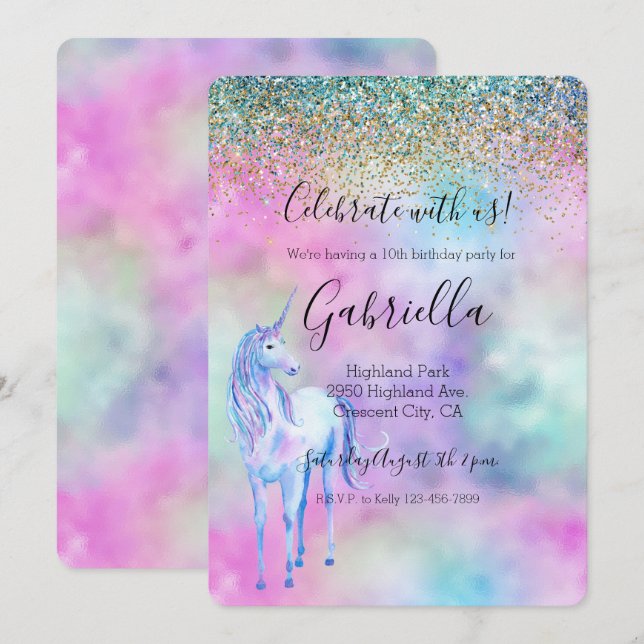 Gold Aqua Glitzer Lila Weißes Einhorn Einladung (Vorne/Hinten)