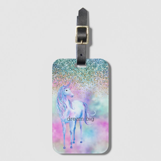 Gold Aqua Glitzer Lila Weißes Einhorn Gepäckanhänger (Vorderseite Vertikal)