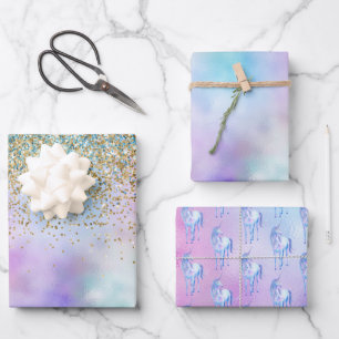 Gold Aqua Glitzer Lila Weißes Einhorn Geschenkpapier Set