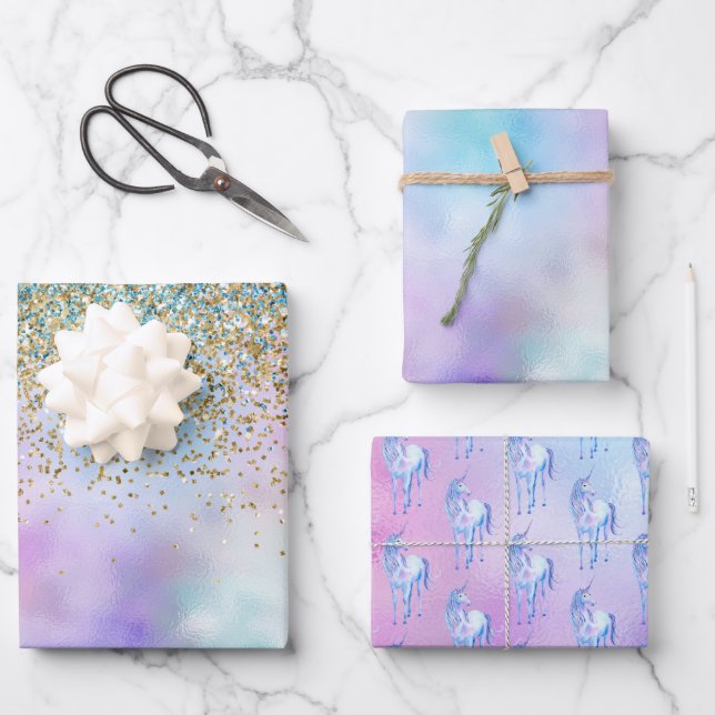 Gold Aqua Glitzer Lila Weißes Einhorn Geschenkpapier Set (Vorderseite)