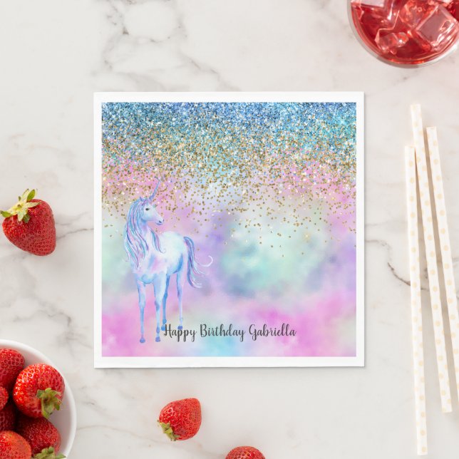 Gold Aqua Glitzer Lila Weißes Einhorn Serviette (Beispiel)