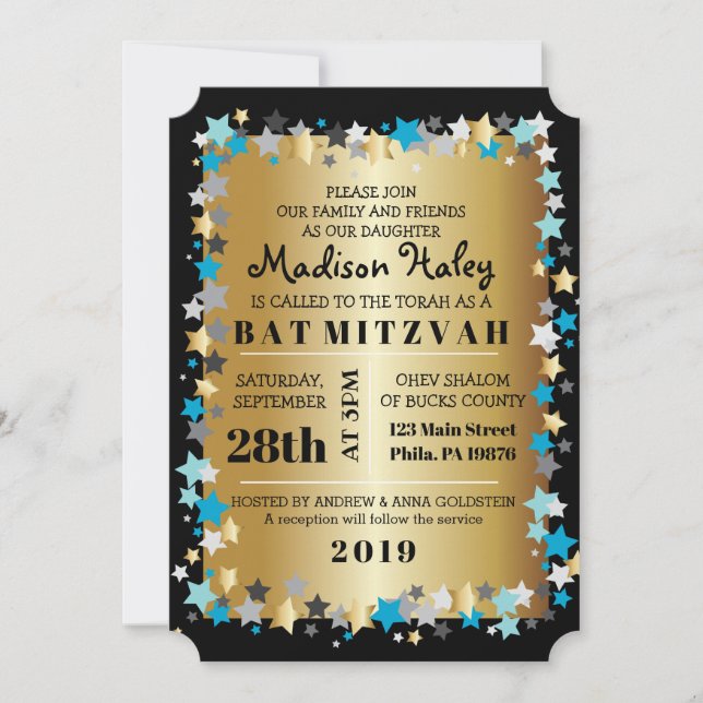 GOLD Aqua Gold Stars Bar Bat Mitzvah Einladung (Vorderseite)