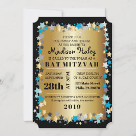 GOLD Aqua Gold Stars Bar Bat Mitzvah Einladung