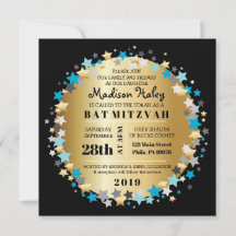 GOLD Aqua Gold Stars Bar Bat Mitzvah Einladung