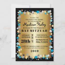 GOLD Aqua Gold Stars Bar Bat Mitzvah Einladung