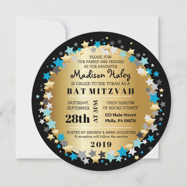 GOLD Aqua Gold Stars Bar Bat mitzvah Invitation (Devant)