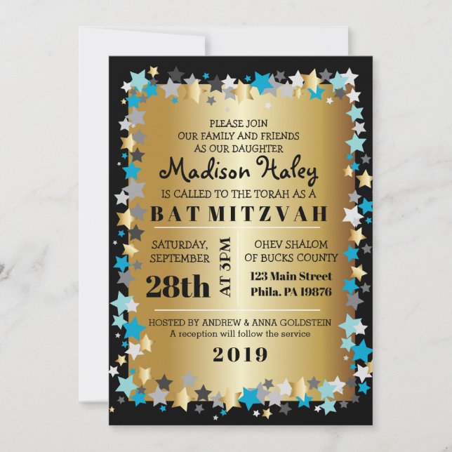 GOLD Aqua Gold Stars Bar Bat mitzvah Invitation (Devant)