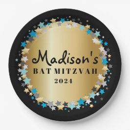 GOLD Aqua Gold Stars Bar Bat Mitzvah Plate Pappteller
