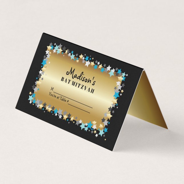 GOLD Aqua Gold Stars Bar Bat Mitzvah Tischplatze Visitenkarten (Vorderseite)