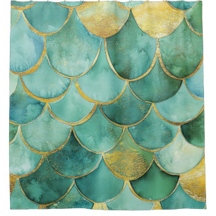 Gold Aqua Mermaid Maßstab Wasserfarben Muster Duschvorhang