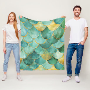 Gold Aqua Mermaid Maßstab Wasserfarben Muster Fleecedecke