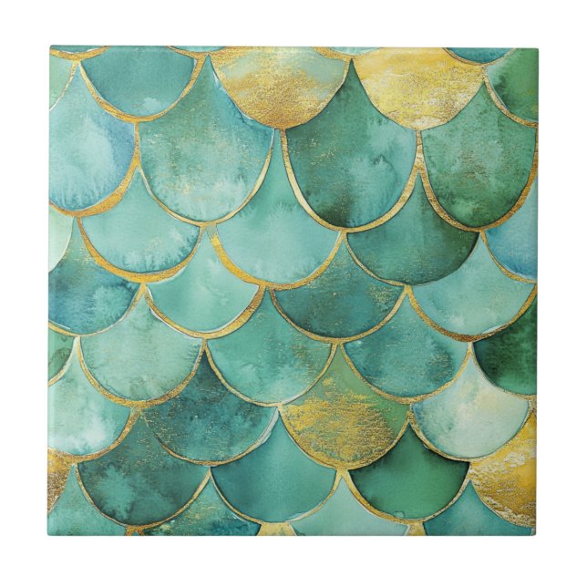 Gold Aqua Mermaid Maßstab Wasserfarben Muster Fliese (Vorderseite)