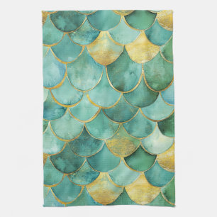 Gold Aqua Mermaid Maßstab Wasserfarben Muster Geschirrtuch