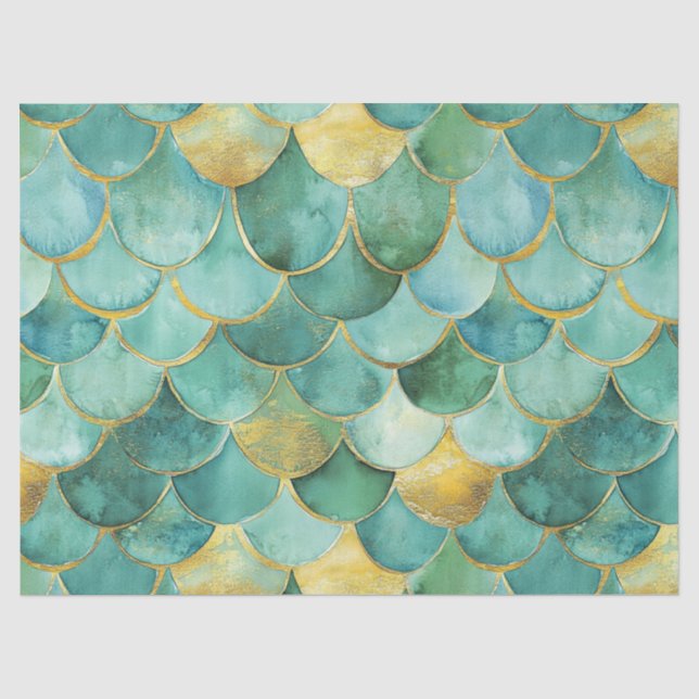 Gold Aqua Mermaid Maßstab Wasserfarben Muster Seidenpapier (Vorderseite)