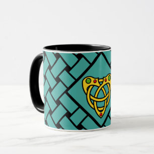 Gold/Aqua/Schwarze Bänder/Weber, keltischer Herzkn Tasse