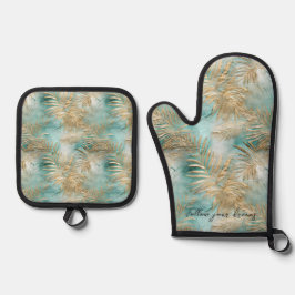 Gold Aqua Tropical Blätter Ofenhandschuh & Topflappen-Set