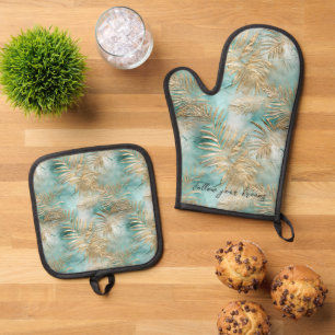 Gold Aqua Tropical Blätter Ofenhandschuh & Topflappen-Set