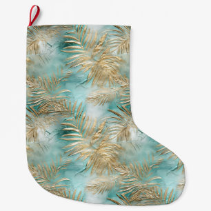 Gold Aqua White Tropical Blätter Großer Weihnachtsstrumpf