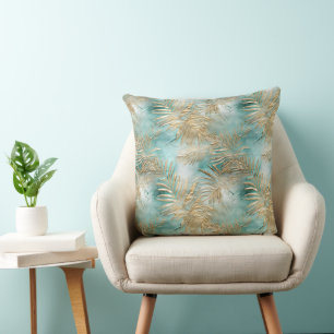 Gold Aqua White Tropical Blätter Kissen