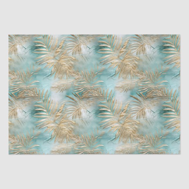 Gold Aqua White Tropical Blätter Seidenpapier (Vorderseite)