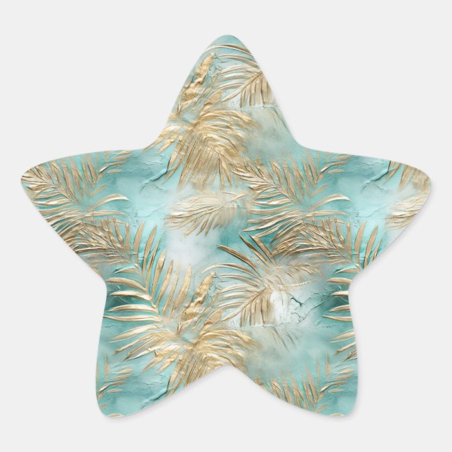 Gold Aqua White Tropical Blätter Stern-Aufkleber (Vorderseite)