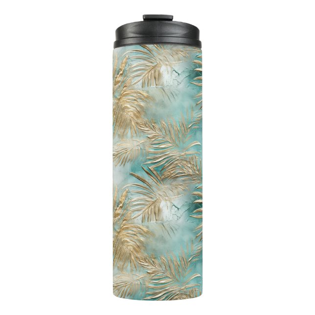Gold Aqua White Tropical Blätter Thermosbecher (Vorderseite)