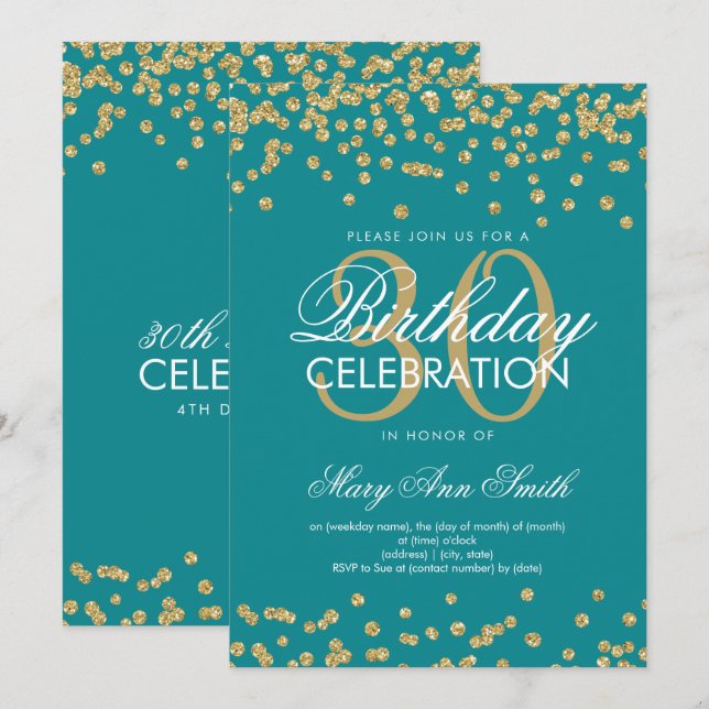 Gold Aquamarin 30. Geburtstag Glitzer Confetti Einladung (Vorne/Hinten)