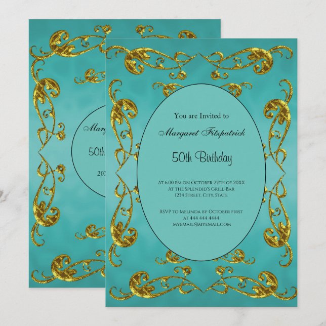 Gold Aquamarin 50. Geburtstagsparty Einladung (Vorne/Hinten)