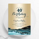 Gold Aquamarin Agate 40. Geburtstag Einladung<br><div class="desc">Aquamarin und vergoldet über 40. Geburtstag Party Einladung. Elegantes modernes Design mit Aquarellfarben-marmorgeode Hintergrund,  Imitats Glitzer Gold und Typografie Skript-Schriftart. Die trendige Einladungskarte eignet sich perfekt für eine stilvolle Damenfeier. Gedruckte Zazzle-Einladungen oder Sofortdownload digitaler Druckvorlage.</div>