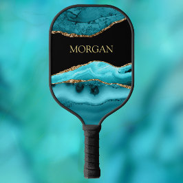 Gold & Aquamarin Agate, Goldname auf schwarz Pickleball Schläger