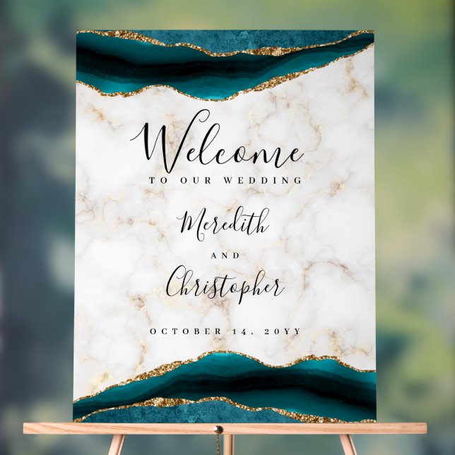Gold Aquamarin Agate Marble Wedding Willkommen Acrylschild (Neutral)